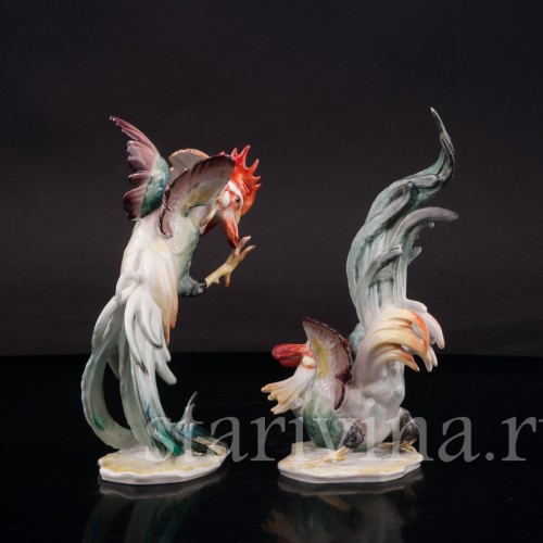 Парные фарфоровые статуэтки Петушиный бой, Hutschenreuther, Германия, 1950-60 гг.