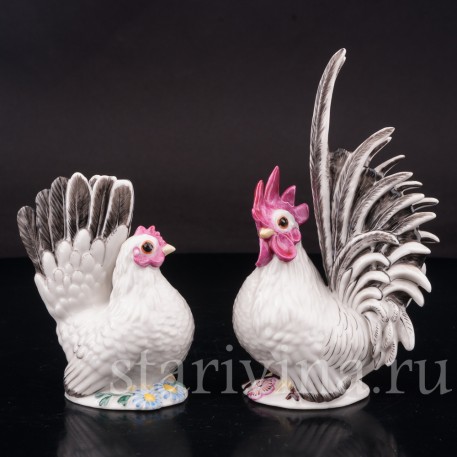 Фарфоровые статуэтки птиц Петух и курица, Nymphenburg, Германия.