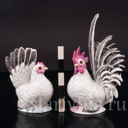 Фарфоровые статуэтки птиц Петух и курица, Nymphenburg, Германия.