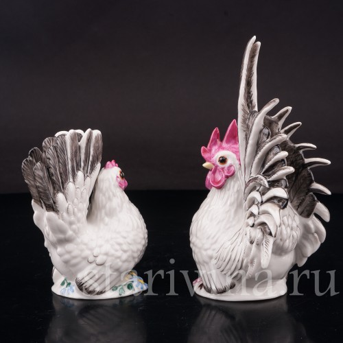 Фарфоровые статуэтки птиц Петух и курица, Nymphenburg, Германия.