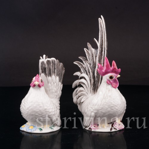 Фарфоровые статуэтки птиц Петух и курица, Nymphenburg, Германия.