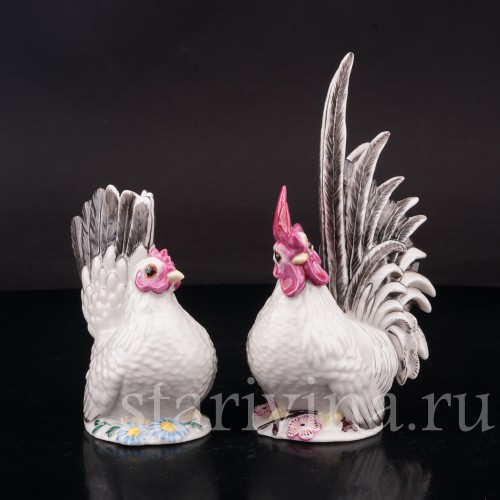 Фарфоровые статуэтки птиц Петух и курица, Nymphenburg, Германия.