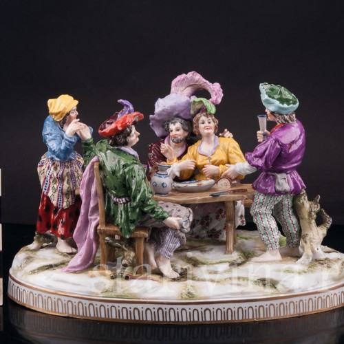 Фарфоровая композиция Весёлая компания за столом, Ernst Bohne Sohne, Германия, нач. 20 в.