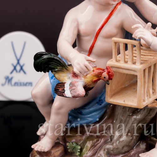 Фарфоровая статуэтка Путти с петухом, Meissen, Германия, сер. 19 - нач. 20 вв.