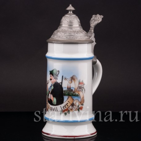 Старинная фарфоровая кружка Всегда пустая, 1/2 л, Германия, 1900е гг.