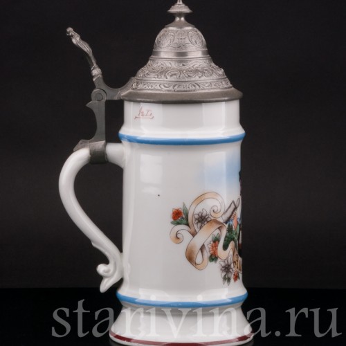 Старинная фарфоровая кружка Всегда пустая, 1/2 л, Германия, 1900е гг.