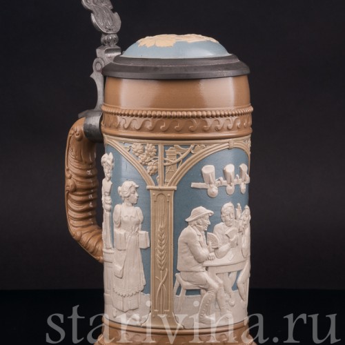 Старинная пивная кружка Сцены в трактире, 1/2 л, Villeroy & Boch, Германия, 1904 г.