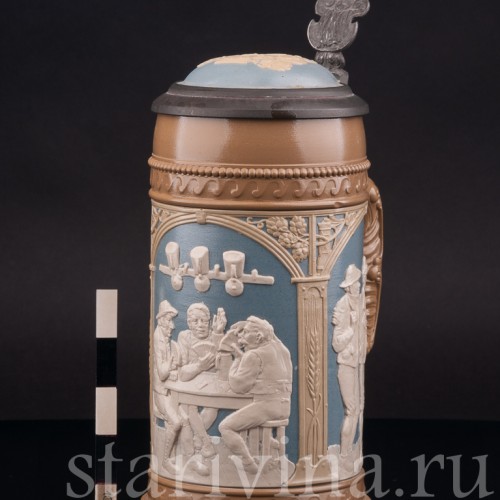 Старинная пивная кружка Сцены в трактире, 1/2 л, Villeroy & Boch, Германия, 1904 г.