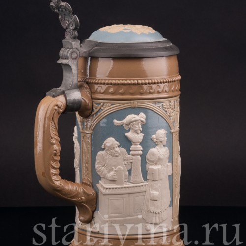 Старинная пивная кружка Сцены в трактире, 1/2 л, Villeroy & Boch, Германия, 1904 г.