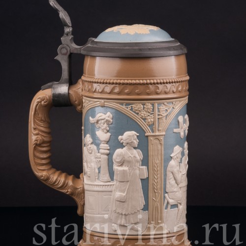Старинная пивная кружка Сцены в трактире, 1/2 л, Villeroy & Boch, Германия, 1904 г.