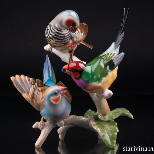Три амадины на ветке, Hutschenreuther, Германия, 1970 гг