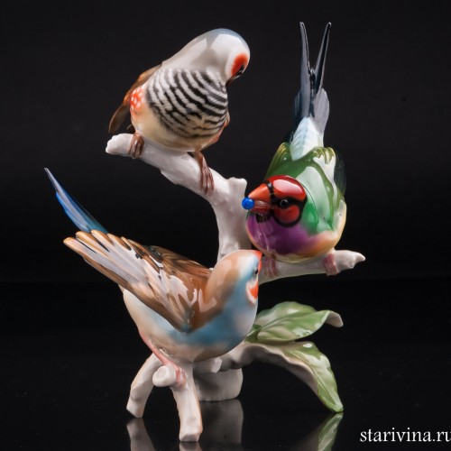 Три амадины на ветке, Hutschenreuther, Германия, 1970 гг