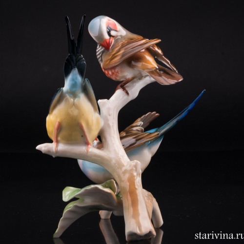 Три амадины на ветке, Hutschenreuther, Германия, 1970 гг