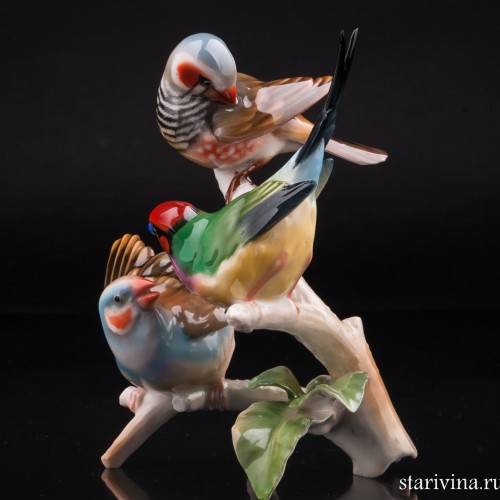 Три амадины на ветке, Hutschenreuther, Германия, 1970 гг