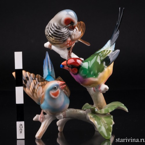Три амадины на ветке, Hutschenreuther, Германия, 1970 гг