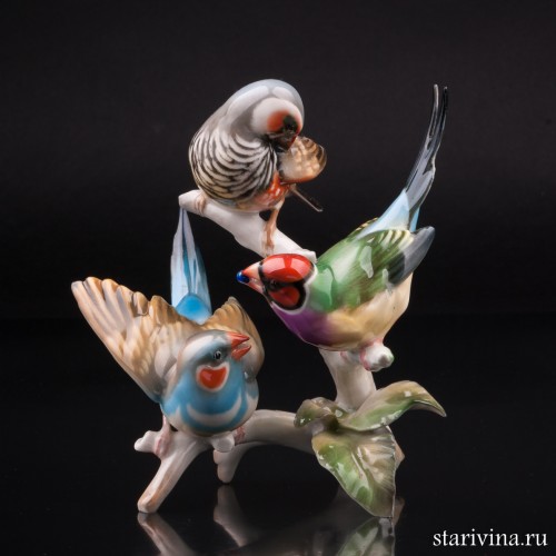 Три амадины на ветке, Hutschenreuther, Германия