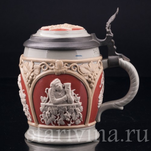 Старинная пивная кружка За стаканом вина, 1/2 л, Villeroy & Boch, Германия, 1902 г.