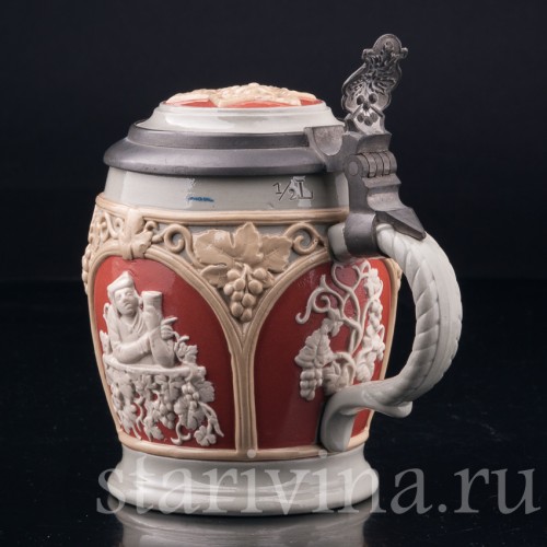 Старинная пивная кружка За стаканом вина, 1/2 л, Villeroy & Boch, Германия, 1902 г.