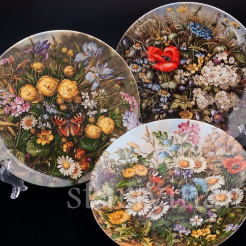 Три декоративные фарфоровые тарелки Полевые красавицы, Furstenberg, Германия, 1989 г.