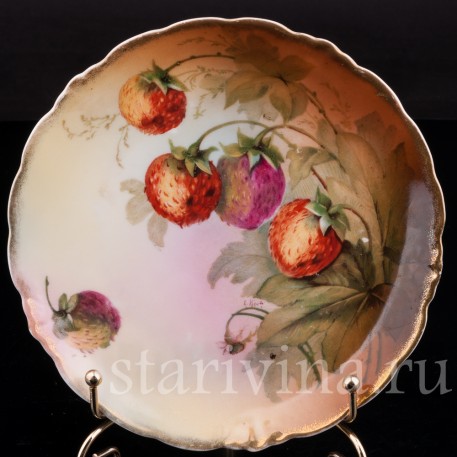 Декоративная фарфоровая тарелка Земляника, Marktredwitz, Jaeger & Co, Германия, 1872-1898 гг.