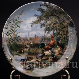 Декоративная тарелка из фарфора Утки и куры деревенского пруда, Seltmann Weiden, Германия, 1989 г.