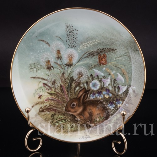 Декоративная тарелка Заяц-русак летом из фарфора, Lilien Porzellan, Австрия, 1990 г.