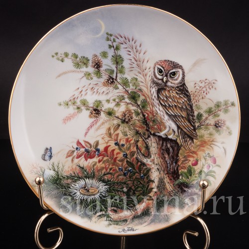 Декоративная тарелка из фарфора Домовой сыч на опушке, Lilien Porzellan, Австрия, 1990 г.