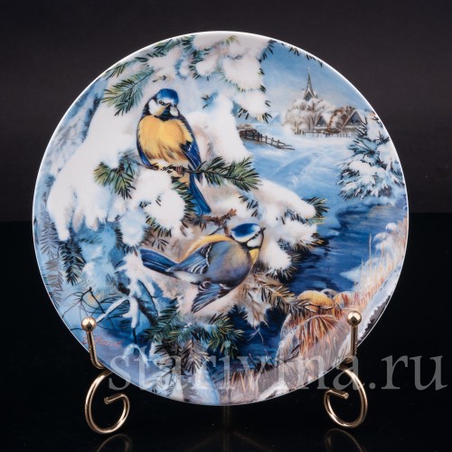 Декоративная тарелка из фарфора Лазоревки между еловых веток, Hutschenreuther, Германия, 1992 г.