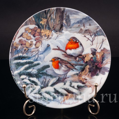 Декоративная тарелка из фарфора Малиновки в снегу, Hutschenreuther, Германия, 1992 г.